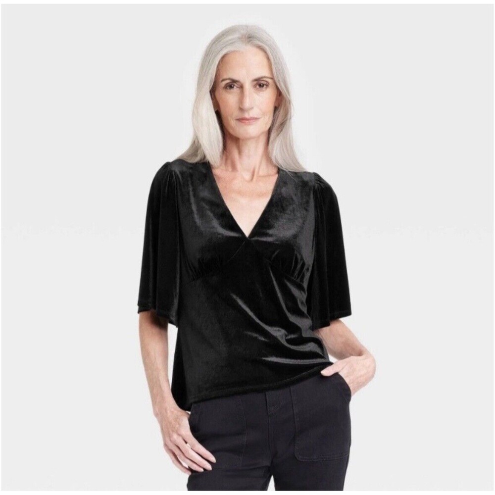 Knox Rose Top Women XLarge Black Velvet Elbow Sleeve Blouse Elegant Party Formal